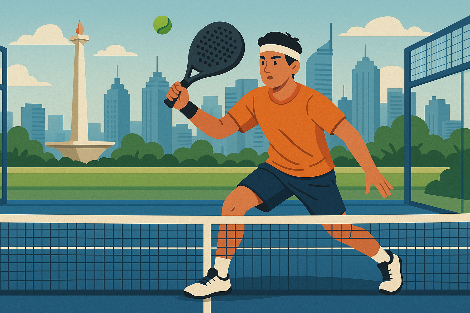 Padel player on court with city skyline background